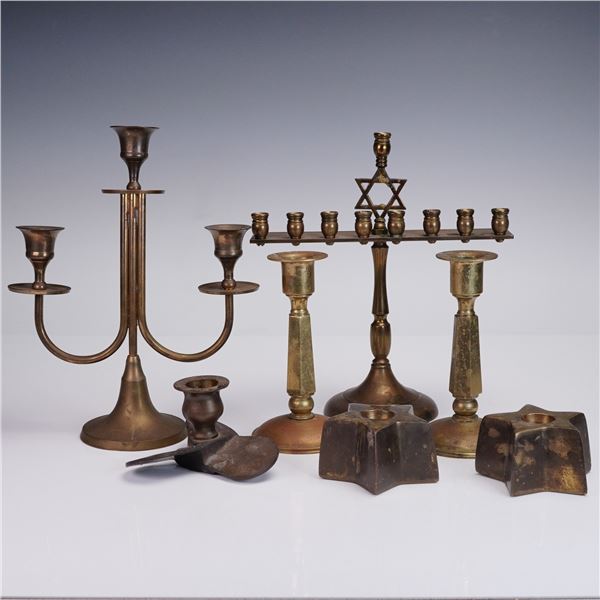 7pc Vintage Brass Candle Holders Including Menorah and Star Bases