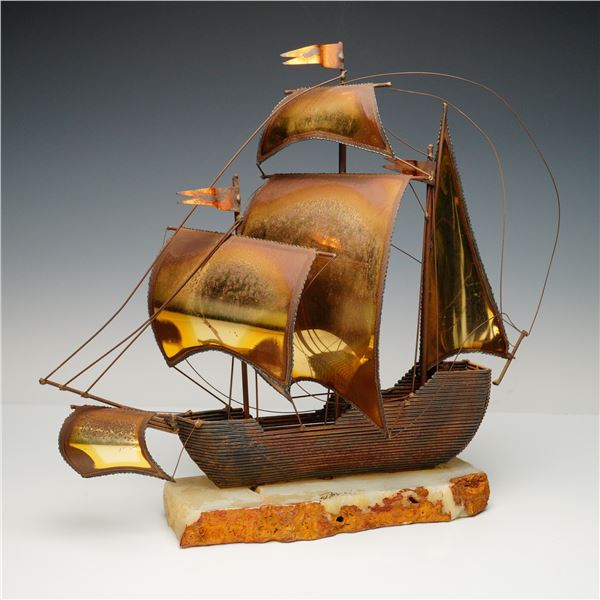 Vintage DeMott Brass Ship Sculpture on Stone Base