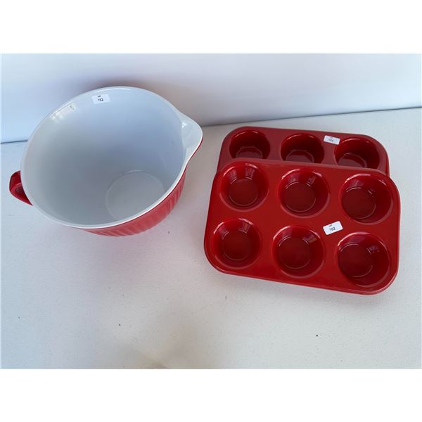 Vintage Red Mixing Bowl with Matching Muffin Pan