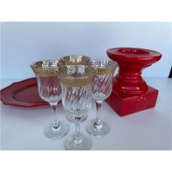 Set of 4 Gold Rimmed Glass Goblets with Red Accessories
