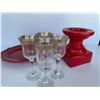 Image 1 : Set of 4 Gold Rimmed Glass Goblets with Red Accessories