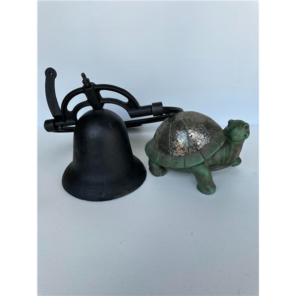 Cast Iron Farmhouse Wall Bell with Mosaic Turtle Figurine