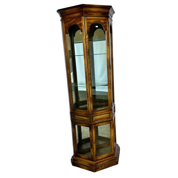 Lighted Oak Veneer Glass Curio Cabinet