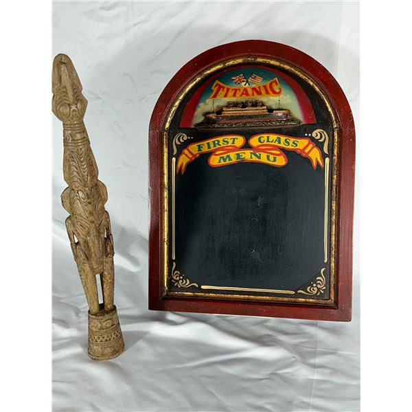 Titanic First Class Menu Chalkboard Sign with Hand-Carved Wooden Figure
