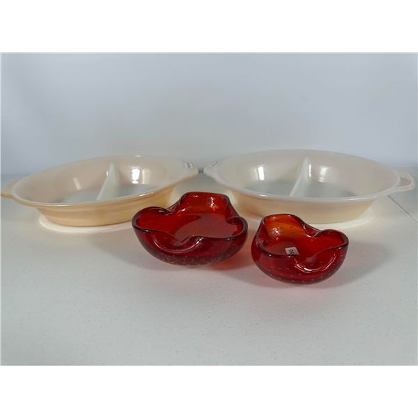 Pyrex Divided Dishes & Red Art Glass Bowls
