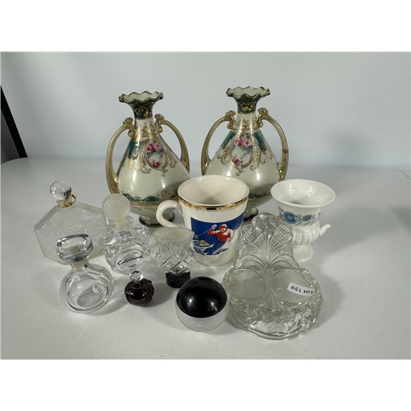 Pair of Nippon Vases with Hycroft Canada & Assorted Glass Perfume Bottles