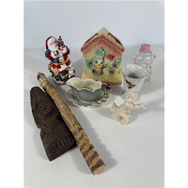 Mixed Lot – Staffordshire Shorter & Son Dish, Figurines, Santa & Carvings