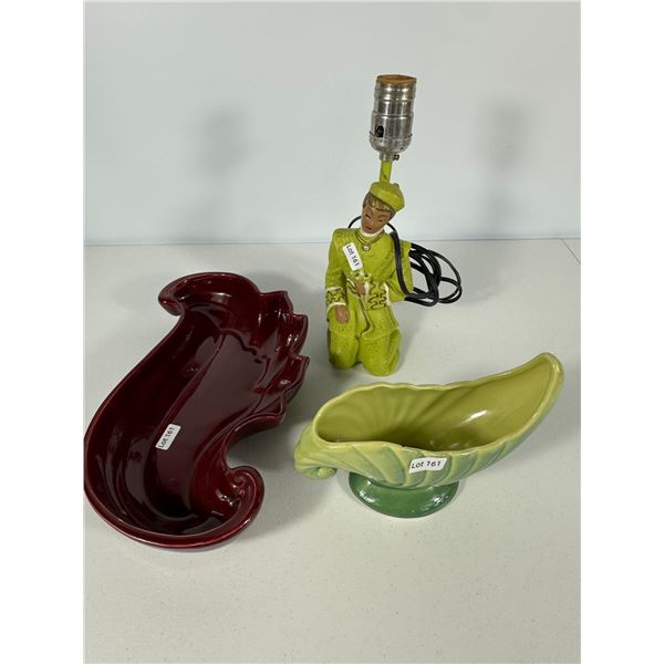 Quebec Artcraft Pottery Dish, Leaf Vase & Figural Lamp