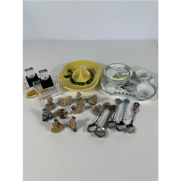 Assorted Wade Figurines, Souvenir Spoons, Perfume Bottles & Trinkets