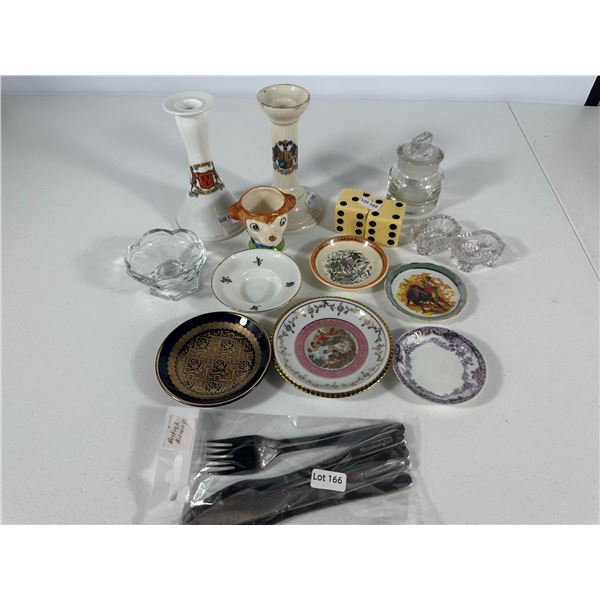 Mixed Lot – Decorative Plates, Candlesticks, Bakelite oversize Dice, Glassware & Flatware