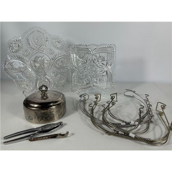 Pressed Glass Plates, Silverplate Dish, and Metal Stand Holders