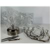 Pressed Glass Plates, Silverplate Dish, and Metal Stand Holders