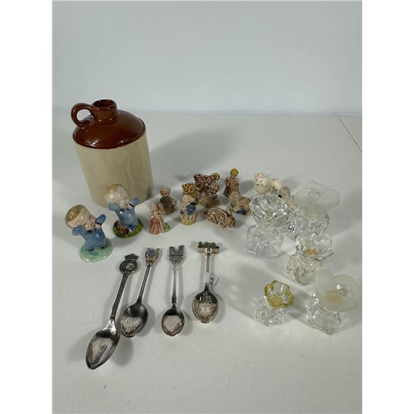 Medalta Jug with Wade Figurines, Glassware & Souvenir Spoons