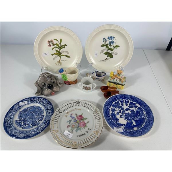 Mixed Lot – Botanical Plates, Blue Transferware, Souvenir Plate & Figurines