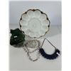 Green Glass Bowl with Marbles, Egg Plate, Crystal Dish & Beaded Necklaces