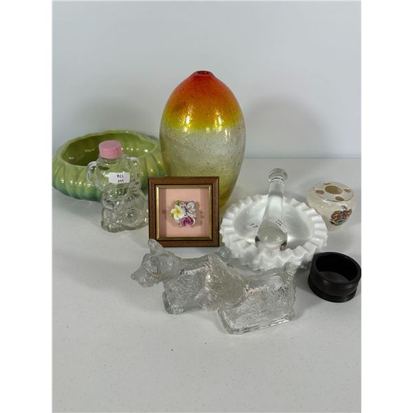 Art Glass Vase, Milk Glass Dish, Planter, Crystal Dog Figurines & More