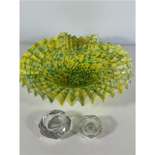 Vintage Handblown Ruffled Art Glass Bowl with Crystal Salt Cellars