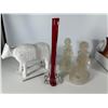 Image 1 : Grouping of Decorative Items: Plaster Cow, Ruby Red Glass Vase, and Frosted Glass Figures