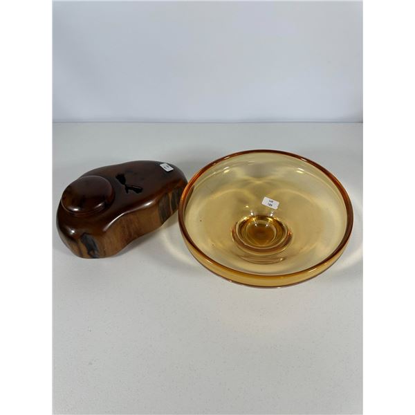 Amber Glass Bowl & Burlwood Dish