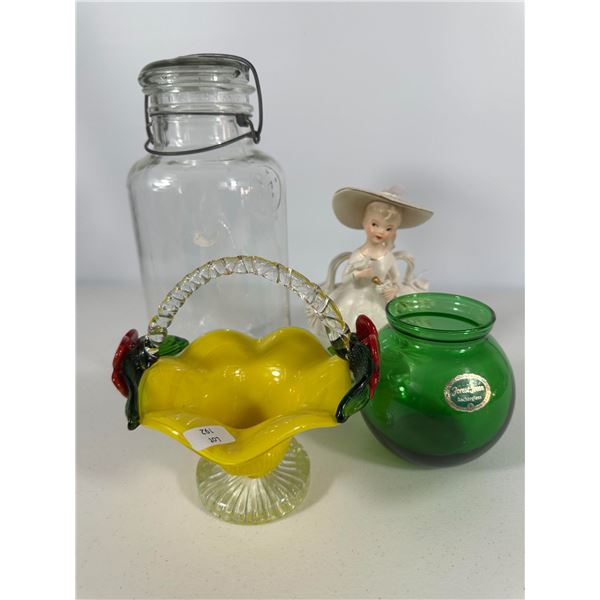 Art Glass Basket, Forest Green Vase, Jar, Figurine