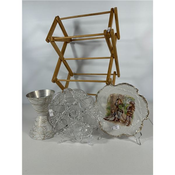 Atomic Lamp, Pressed Glass Tray, Robin Hood Plate, Folding Rack