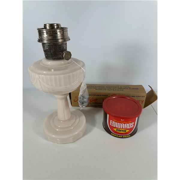 Aladdin Model 23 Pink Moonstone Lamp with Edwards Coffee Tin