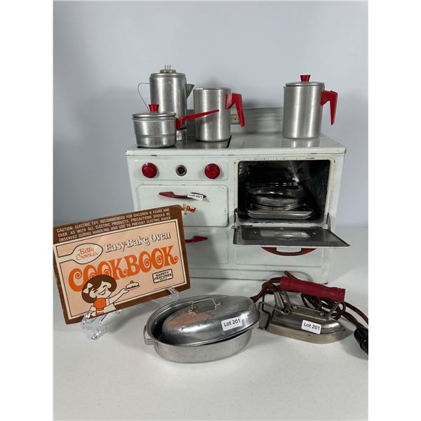 Vintage Child’s Toy Stove with Accessories & Easy‑Bake Cookbook