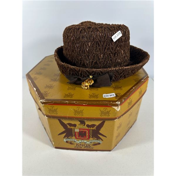 Textured Brown Dress Hat with Bow & Jewel, in Knox New York Box