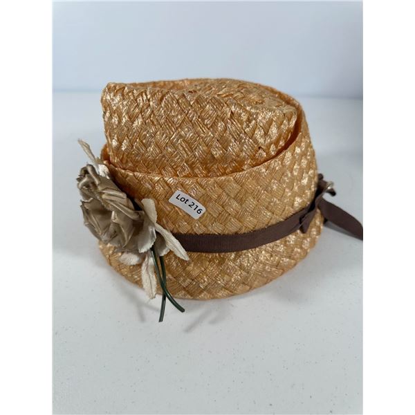 Vintage Straw Hat with Rose Trim, in Striped Hat Box