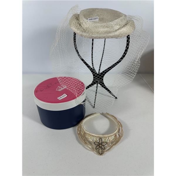 Ivory Straw Saucer Hat with Birdcage Veil & Beaded Collar, with Box