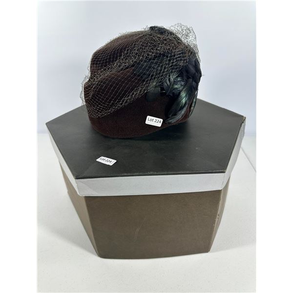 Brown Velvet Pillbox with Veil & Feathers, in Hex Hat Box