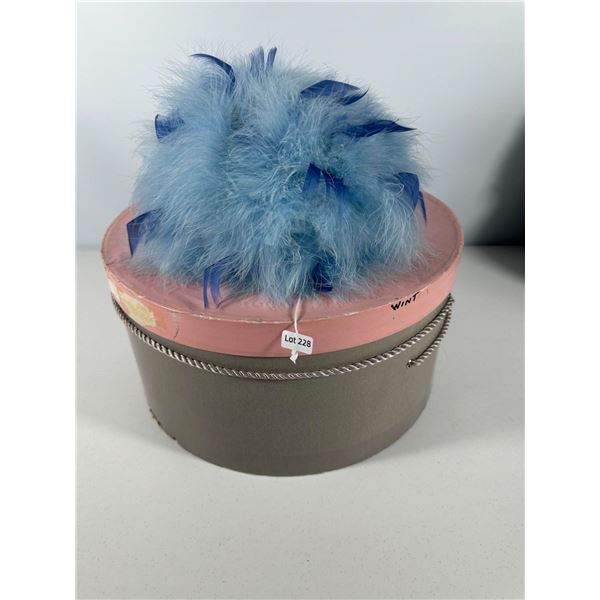 Blue Marabou Feather Fascinator (Boutique, NYC–Montreal), with Round Hat Box
