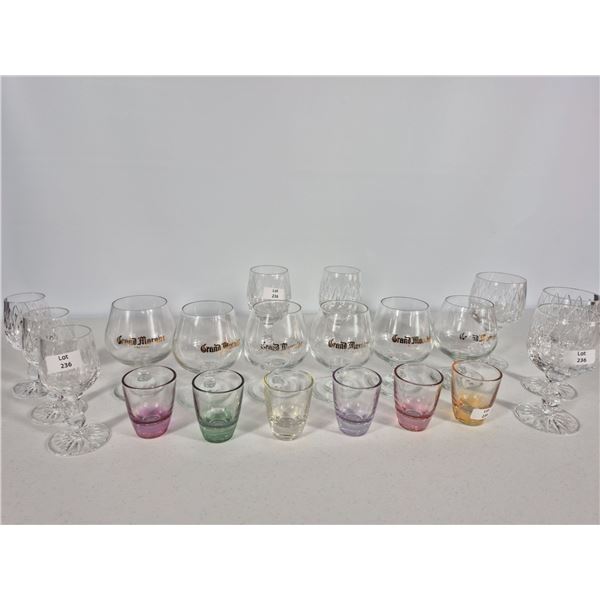 Assorted Barware Glasses – Crystal, Grand Marnier, and Colored Shot Glasses
