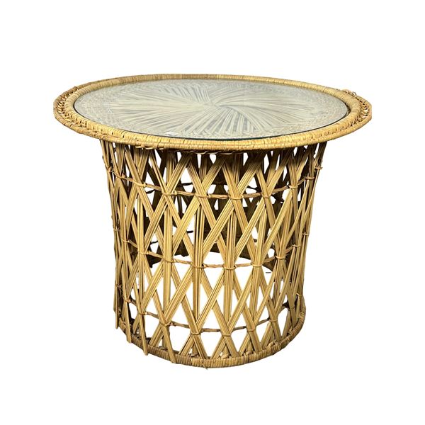 Vintage Wicker Table with Glass Top