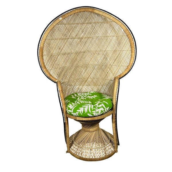 Vintage Peacock Wicker Chair with Green Cushion