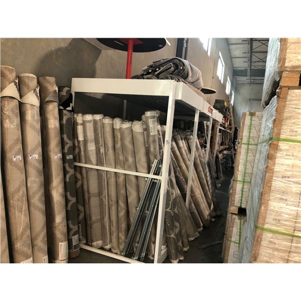 3 RACKS INCL D64" X W192" X H100" ENCLOSURE, D67" X W80" X H106" FLIP RUG METAL RACK DISPLAY AND