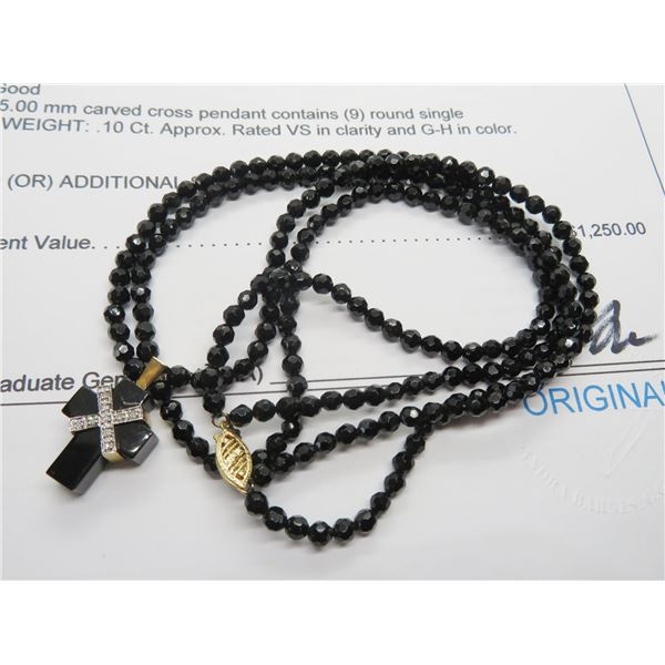 Black Onyx Double Strand Bead Necklace/Cross w/9 Single Cut Diamonds .10 CT -