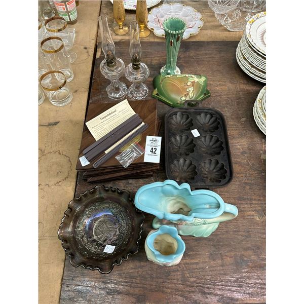 Hull Floral Vases, Roseville Wall Pocket, Oil Lamps, Carnival Glass, Cast Bake Tray
