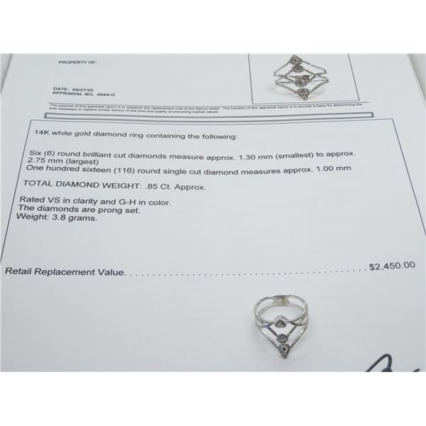 K WG Diamond Ring w/6 Round Cut Diamonds and 116 Round Single Diamonds Prong Set 3.8g
