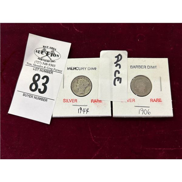 1906 Barber Dime, 1944 Mercury Dime - Both Silver