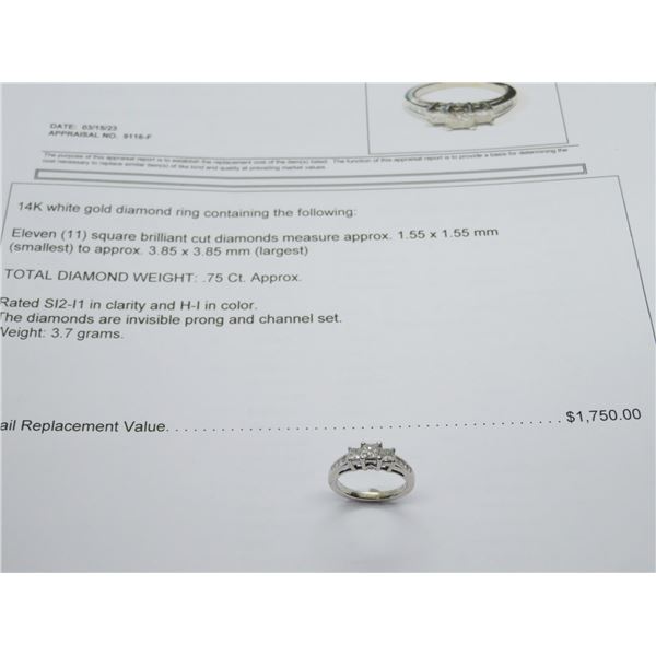 14K WG Diamond Ring w/11 Square Cut Diamonds Invisible Prong/Channel Set 3.7g  -