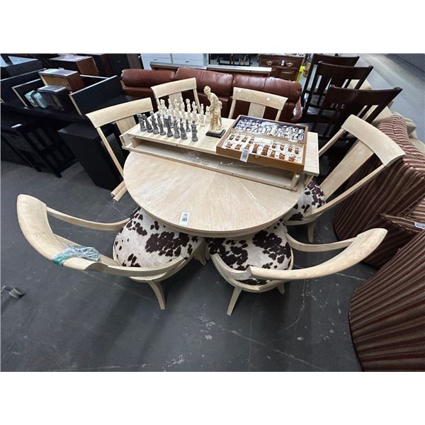 Bone Distressed Round Pedestal Dining Table w/2 Leafs and 6 Cow Hide Padded Chairs