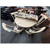 Image 1 : Bone Distressed Round Pedestal Dining Table w/2 Leafs and 6 Cow Hide Padded Chairs