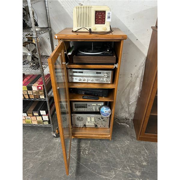 Pioneer Reel To Reel, Tape Player w/Receiver, Turntable In Glass Door Cabinet