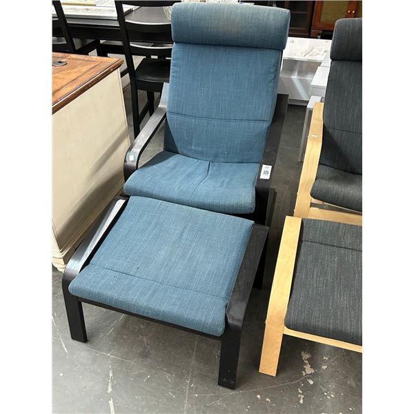 Contemporary Mocha Trim Blue Cloth Easy Chair w/Ottoman