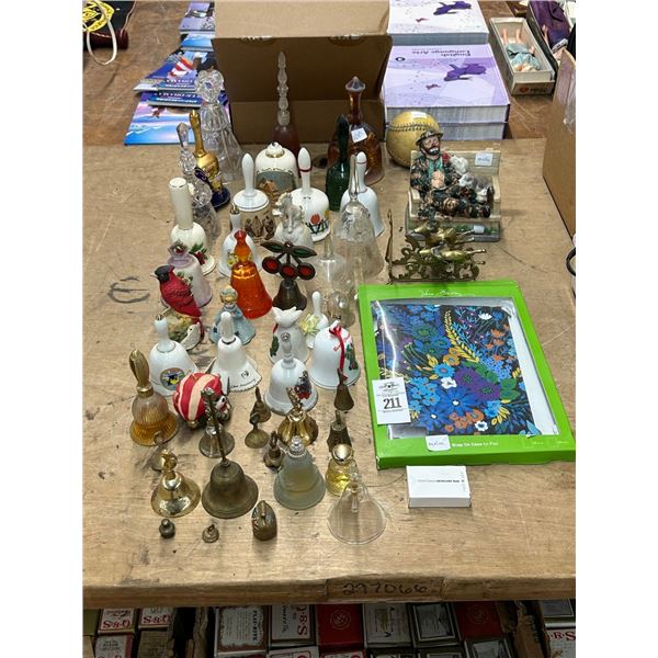 Bell Collection w/Carnival Glass, Emmett Kelley Figurine, Vera Bradley Eye Case