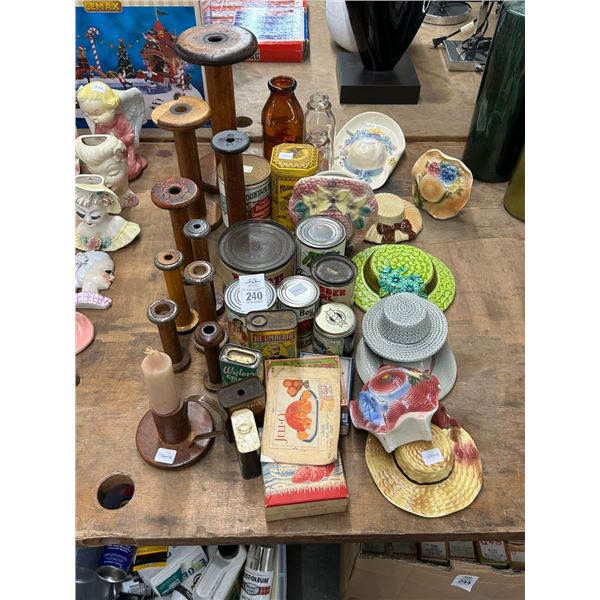 Vintage Cans, Candlestands, Vase, Porcelain Hat Décor