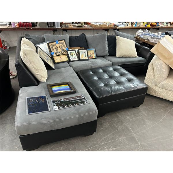 Leather Black/Gray 2 Section L-Shaped Sofa w/Ottoman