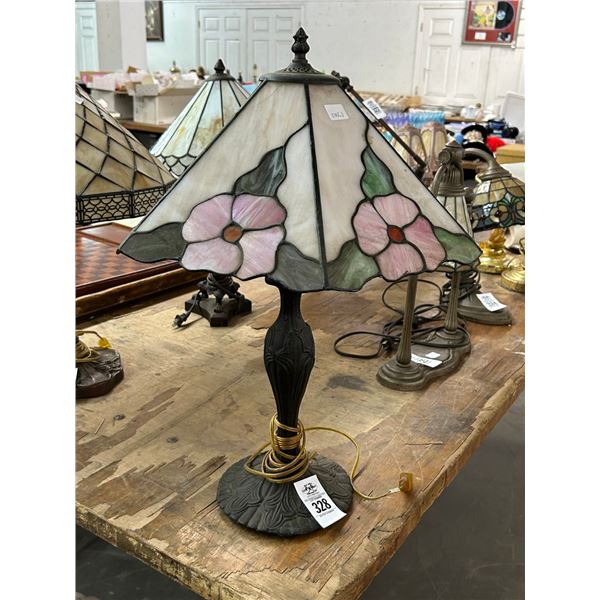 Bronze Base Leaded Glass Floral Lamp