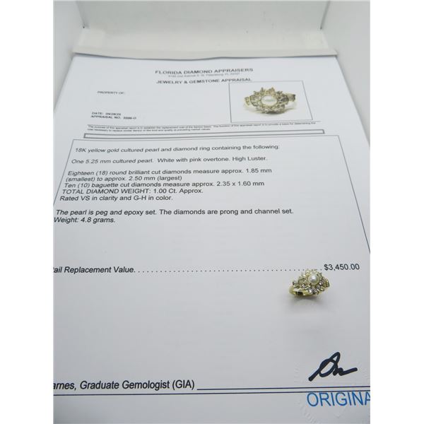 18K  YG Cultured Pearl/Diamond Ring w/5.25MM Cultured Pearl White w/Pink Overtone High